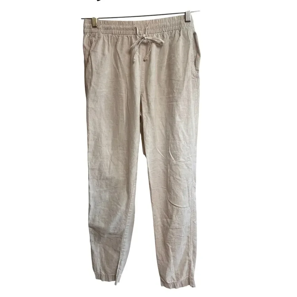 H&M Linen Cotton Drawstring Jogger Pants Women’s Small Beige Oatmeal Tapered